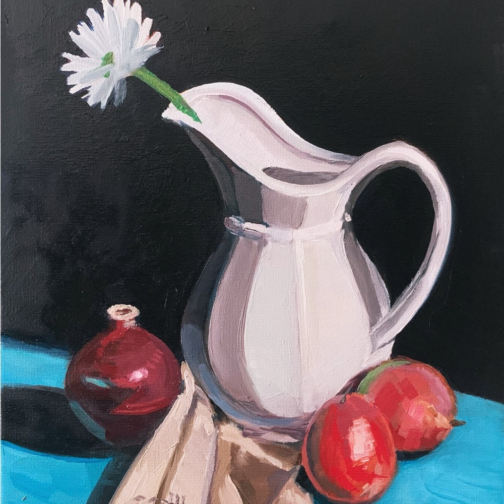 Original Oil Painting Signed Elegant White Pitcher with Red Mangoes Wall Art